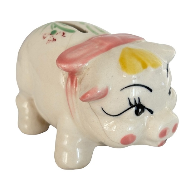 VTG Kitch Hand Painted Ceramic Piggy Coin Bank Floral Japan Mid Century Modern - Picture 1 of 15